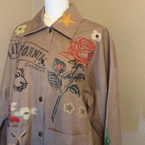 Free People S Charm Me Chore Jacket Tan Denim Embroidered Doodles Birds - Picture 3 of 12